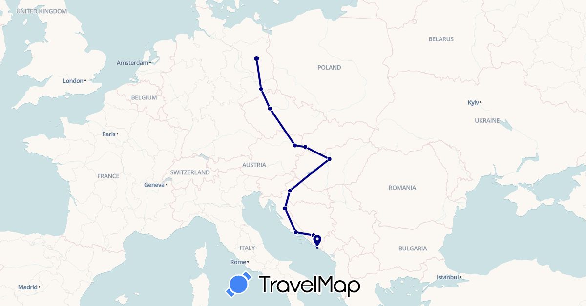 TravelMap itinerary: driving in Austria, Bosnia and Herzegovina, Czech Republic, Germany, Croatia, Hungary, Slovakia (Europe)